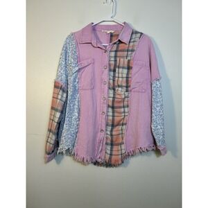 Blue Velvet Mixed Media Boho Button Up Sz Small Raw Seams 100%‎ Cotton Oversized